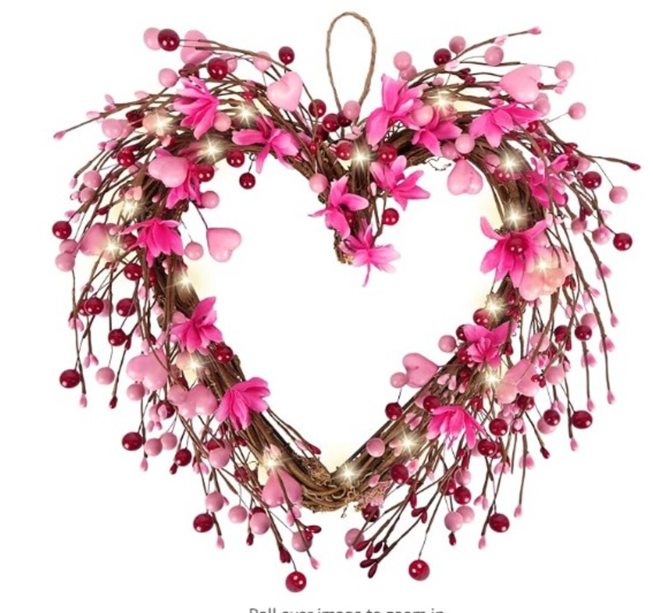 Valentine's Day Wreaths: 15'' Heart Shaped Wreaths for Front Door with 20 LED Pink Red Heart Shaped Berry Door Wreath for Valentine's Day Decorations, Anniversary, Wedding Wall Home Decor Gifts